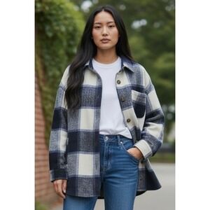 Beaully Womens Plaid Flannel Shacket Navy Blue Cream Button Front Jacket Large